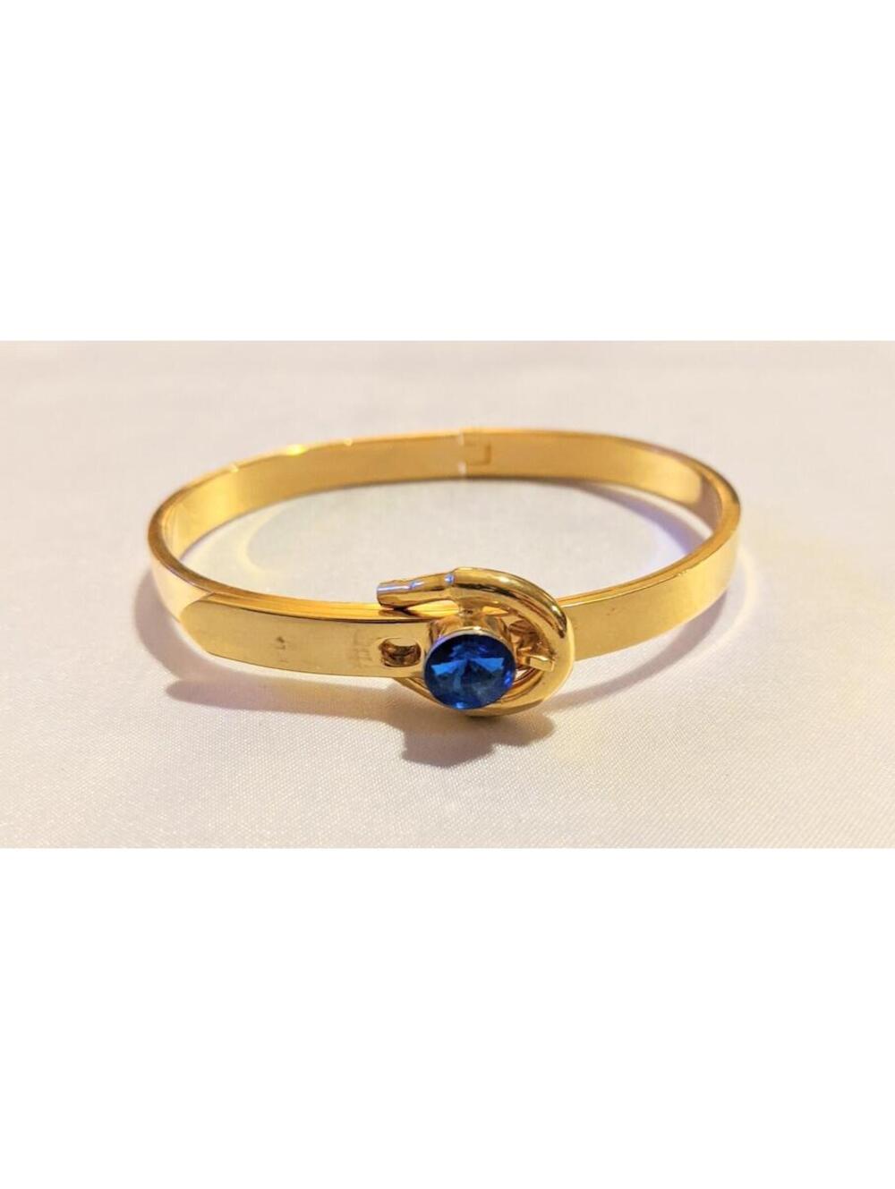 VTG 80s Hinged Bangle Bracelet Blue Crystal Buckle Adjustable Gold Tone Metal